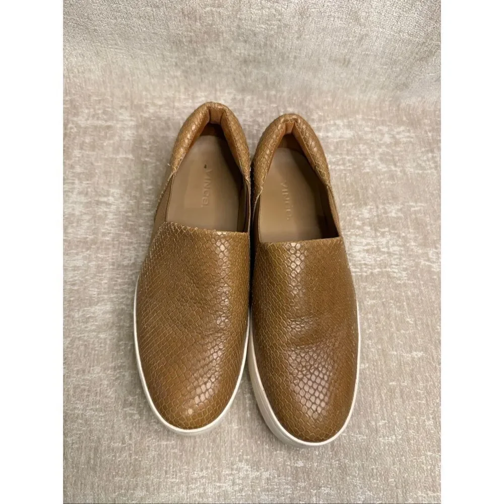 Vince Women's Warren Snake Embossed Platform Slip-On Sneaker Shoes Brown Size 6
